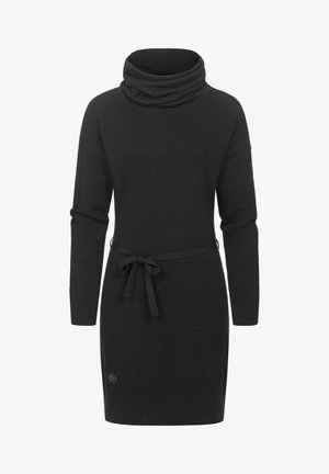 Černé šaty svetrového střihu s širokým výstřihem, dlouhými rukávy, strukturovaným vzorem, páskem na zavazování v pase a logem na okraji.