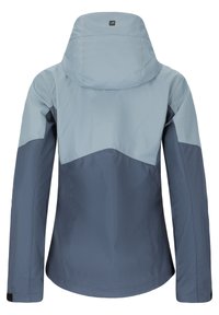 Veste imperméable bicolore bleue avec capuche, manches longues et poignets ajustables, vue de dos.