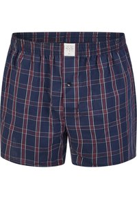 Boxer in tartan blu navy con quadri rossi e bianchi, cintura elasticizzata, chiusura con bottone davanti e un'etichetta in tessuto con il logo del marchio.