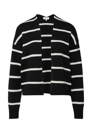 Zwarte cardigan met witte horizontale strepen. Heeft een open voorkant, lange mouwen, een geribbelde textuur en een ontwerp met een losse pasvorm.