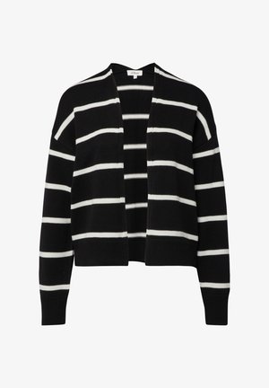 Cardigan nero con righe orizzontali bianche. Presenta un'apertura frontale, maniche lunghe, una texture a coste e un design a vestibilità comoda.