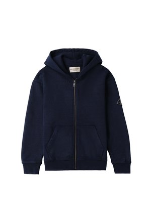 Hoodie zippé bleu marine en mélange de coton, avec une fermeture éclair à l'avant, deux poches latérales et un patch logo sur la manche gauche.