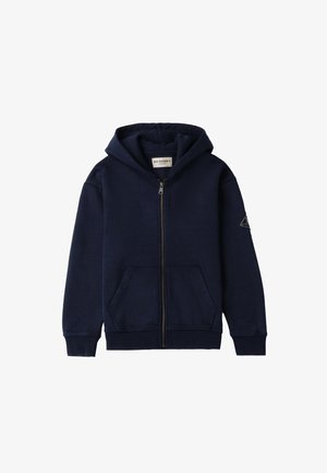 Felpa con zip color navy realizzata in materiale misto cotone, dotata di zip frontale, due tasche laterali e un patch logo sulla manica sinistra.