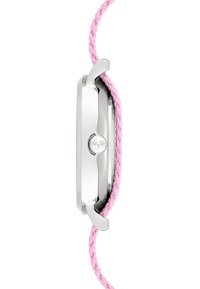 Silbernes Uhrengehäuse mit einem rosafarbenen geflochtenen Armband. Das Gehäuse ist rechteckig mit einer glatten Oberfläche und verfügt an der Seite über eine Krone.