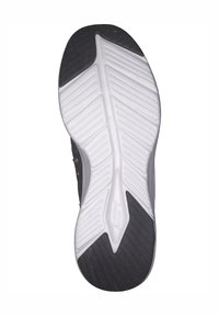 Schwarz-weiße Sportsohle mit strukturiertem Gummimaterial oben, Rillen für besseren Halt und einem markanten Logo in der Mitte.