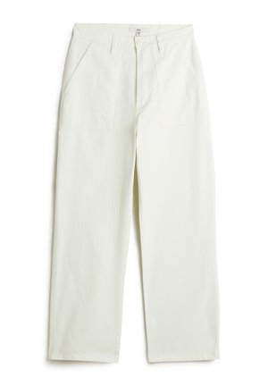 Light green wide-leg trousers made of cotton blend fabric, featuring side pockets, a button closure, and a smooth texture.