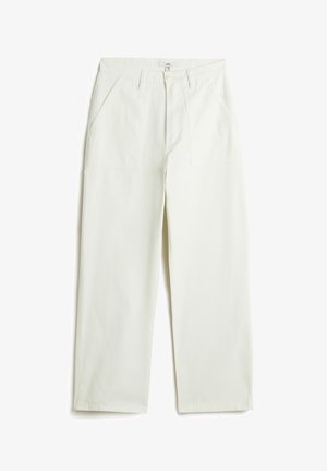 Light green wide-leg trousers made of cotton blend fabric, featuring side pockets, a button closure, and a smooth texture.