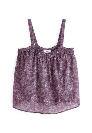 Purple sleeveless girl’s top with floral and geometric pattern, elasticated neckline, and thin shoulder straps.