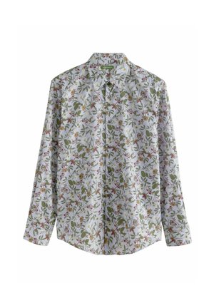 Langærmet skjorte med hvid baggrund og blomstermotiv i grøn, pink og gul; inkluderer en spidse krave og knapdetaljer.