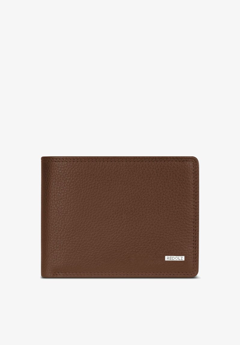 Brown textured leather wallet with visible stitching and a small silver metal logo tag on the bottom right corner.