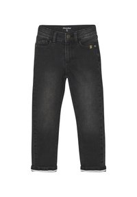 Jean en denim noir avec une coupe classique, doté d'une taille standard, de cinq poches et de ourlets repliés avec un doublure intérieure blanche.