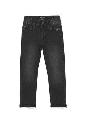 Schwarze Denim-Jeans mit klassischem Schnitt, ausgestattet mit einem normalen Bund, fünf Taschen und umgeschlagenen Säumen mit weißem Innenfutter.