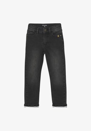 Sorte denimjeans med en klassisk pasform, der har en standard talje, fem lommer og opsmøgede manchetter med hvid inderside.