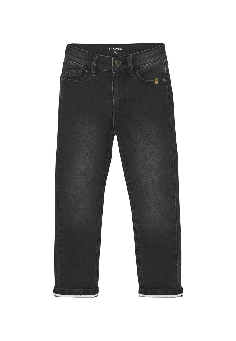 Jean en denim noir avec une coupe classique, doté d'une taille standard, de cinq poches et de ourlets repliés avec un doublure intérieure blanche.