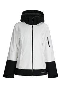Veste de ski imperméable blanche et noire avec capuche, fermeture éclair à l'avant, poches latérales et poignets ajustables. Texture lisse avec des panneaux de couleur contrastante.