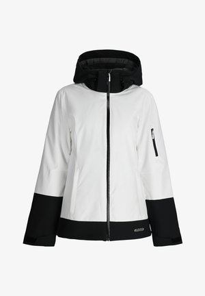 Weiße und schwarze wasserdichte Skijacke mit Kapuze, Frontreißverschluss, Seitentaschen und verstellbaren Bündchen. Glatte Textur mit kontrastierenden Farbpaneelen.