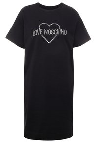 Černé bavlněné šaty ve tvaru trička s kulatým výstřihem a krátkými rukávy, zdobené kamínky ve tvaru srdce, na kterém je nápis "LOVE MOSCHINO."