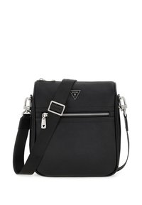 Schwarze Crossbody-Tasche aus strukturiertem synthetischem Material, mit einem Reißverschluss-Frontfach und verstellbarem Riemen, sowie silbernen Hardware-Details.