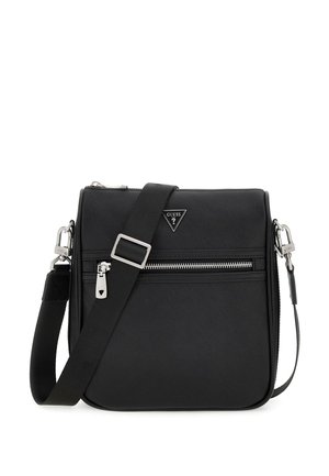 Borsa a tracolla nera realizzata in materiale sintetico tessurizzato, con tasca frontale con zip e tracolla regolabile, con dettagli in metallo argentato.