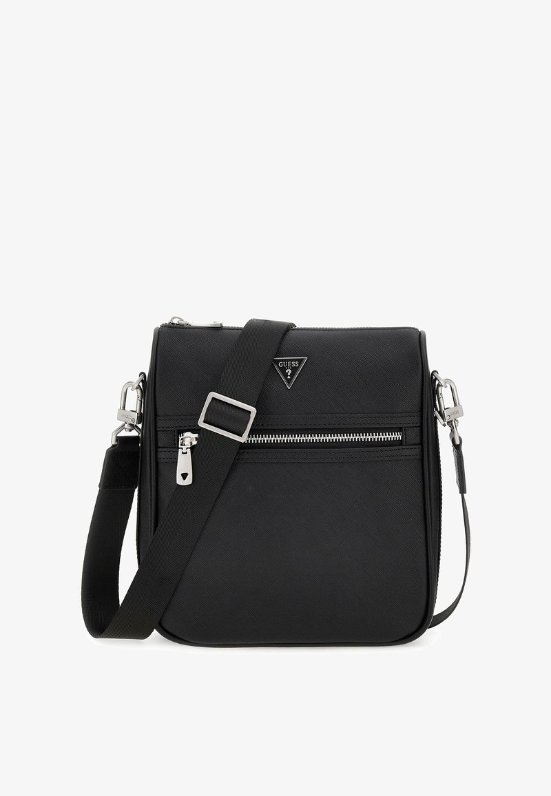 Borsa a tracolla nera realizzata in materiale sintetico tessurizzato, con tasca frontale con zip e tracolla regolabile, con dettagli in metallo argentato.