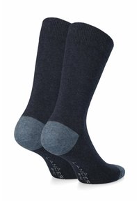 Ciemnoniebieskie skarpetki z prążkowanym obertym, kontrastującym jasnoniebieskim piętą i palcami oraz subtelnym logo w pobliżu kostki. Wykonane z miękkiej, teksturowanej tkaniny.