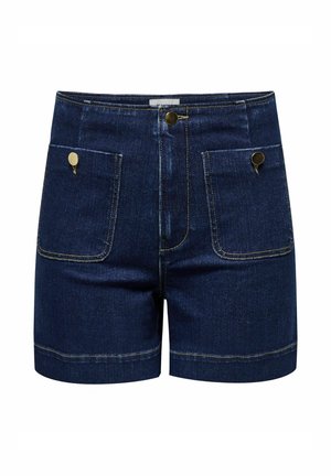 Pantalones cortos de mezclilla azul oscuro con cintura alta, dos bolsillos frontales y detalles en botones de latón. Costuras decorativas a lo largo de los bordes.