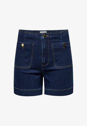 Shorts en denim bleu foncé avec taille haute, deux poches avant et des accents de boutons en laiton. Détails de couture le long des bords.