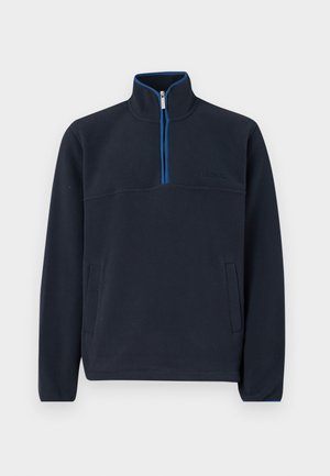 Jūrinis flisinis megztinis su ketvirčio užtrauktuku, kontrastuojančiu mėlynu užtrauktuku ir dviem priekinėmis kišenėmis; ant krūtinės yra subtilus logotipas.