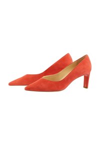 Red suede high-heeled pumps with a pointed toe and transparent red heel detail. Smooth texture and classic silhouette.