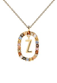 Collana d'oro con un pendente a forma ovale decorato con gemme colorate e un charm centrale a forma di "Z" in oro. La catena è a maglie.