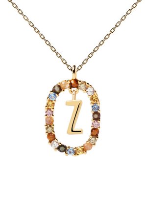 Collana d'oro con un pendente a forma ovale decorato con gemme colorate e un charm centrale a forma di "Z" in oro. La catena è a maglie.