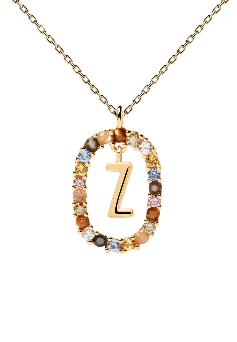 Collana d'oro con un pendente a forma ovale decorato con gemme colorate e un charm centrale a forma di "Z" in oro. La catena è a maglie.
