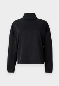 Top nero a maniche lunghe con colletto alto, vestibilità rilassata, texture morbida e cuciture delle spalle scese. Nessun motivo o abbellimento visibile.