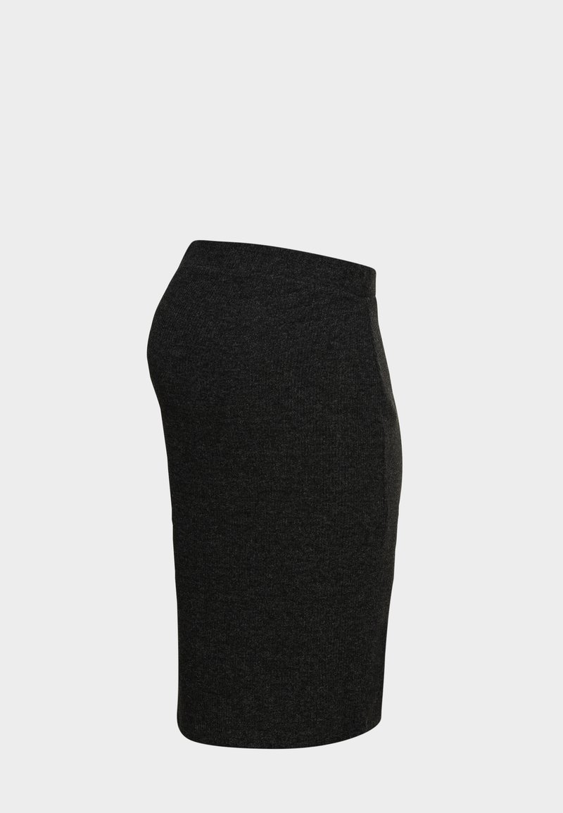 Jupe crayon en maille noire avec une taille haute, une texture lisse et une coupe ajustée, conçue pour une silhouette élancée.