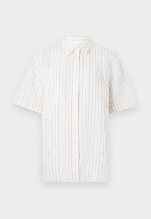 Camisa de botão de manga curta em bege claro com finas riscas verticais. Feita de um tecido leve, com colarinho clássico e bainha reta.