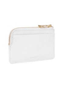 White leather cardholder with a textured surface, featuring a gold zipper closure and subtle logo embossing on the front.