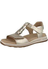 Metallic gold sandal with open toe and heel, featuring adjustable straps and a chain accent. Cushioned footbed and white sole.