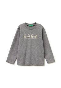 Šedá dlouháková mikina s dlouhým rukávem vyrobená z bavlny, s krémovou grafikou obsahující čtyři designové prvky a textem "UNITED COLORS OF BENETTON" pod ní.