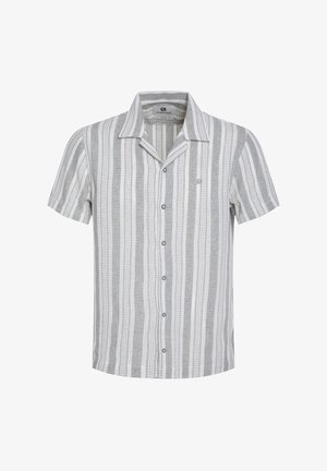 Chemise à manches courtes avec des rayures verticales grises et blanches, dotée d'un col, d'un tissu texturé et d'un petit logo sur la poitrine.