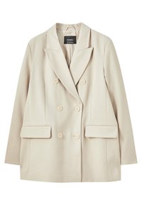 Béžový dvouřadý blazer vyrobený z hladké látky, s dvěma předními kapsami, klopovými límci a šesti knoflíky. Strukturovaná silueta.