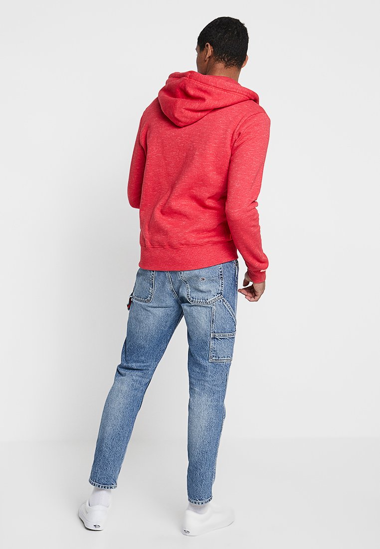red and light blue hoodie