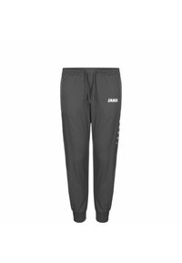 Grijze sportieve joggerbroeken met elastische tailleband, trekkoord en geribde boorden. Met een wit logo en stippen langs de zij. Zachte stoftextuur.
