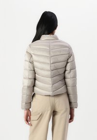 Light gray cropped puffer jacket with horizontal quilted design and a stand collar, made of shiny synthetic material, featuring a zip closure.