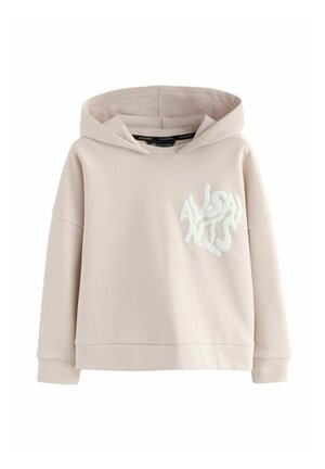 Helle rosa Kapuzenpullover aus weichem Stoff. Verfügt über ein großes weißes Logo auf der Vorderseite, hat lange Ärmel und eine lockere Passform.