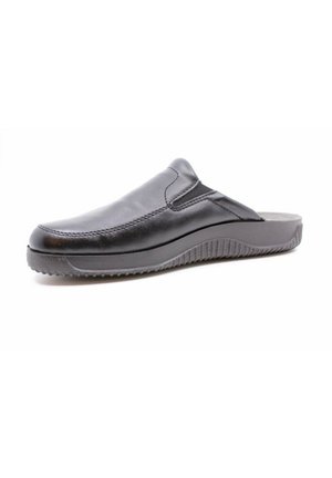Black leather slip-on shoe with a rounded toe, elastic side accents, and a textured rubber sole for grip.