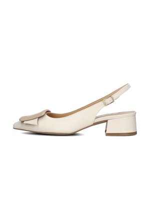 Beige slingback shoe with block heel, leather material, pointed toe, large bow accent on the front, and adjustable ankle strap.