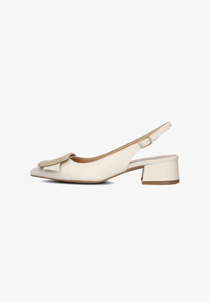 Beige Slingback-Schuh mit Blockabsatz, aus Leder, mit spitzer Zehenpartie, großem Schleifenakzent an der Vorderseite und verstellbarem Knöchelriemen.