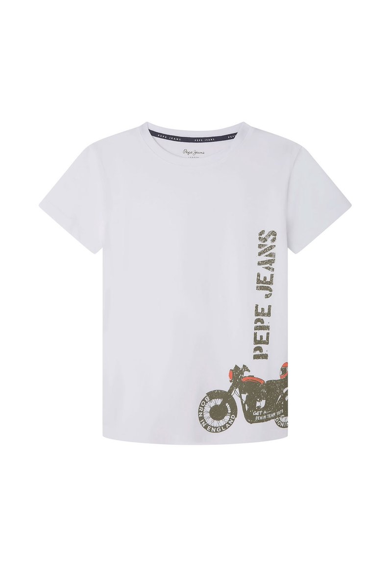 Biała koszulka z krótkim rękawem z czarną i czerwoną grafiką vintage motocykla oraz pionowym napisem "PEPE JEANS" na dolnej prawej stronie przodu.