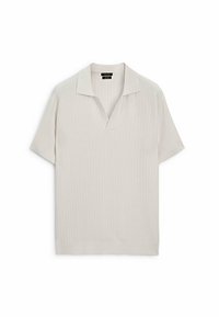 Lys beige strikket polo skjorte med V-udskæring og korte ærmer. Har en tekstureret finish og ribbet kant. Blødt, strækbart materiale.