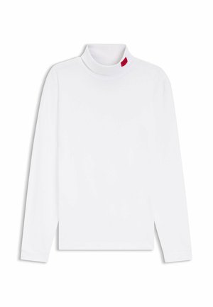 White long-sleeve turtleneck shirt made of smooth fabric. Features a high collar and a small red label at the neck. Simple, clean design.